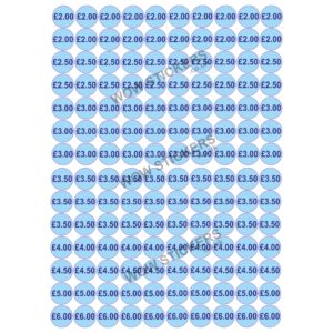 140 x £2.00 - £6.00 Mixed Price Tickets in Blue (20mm Diameter)