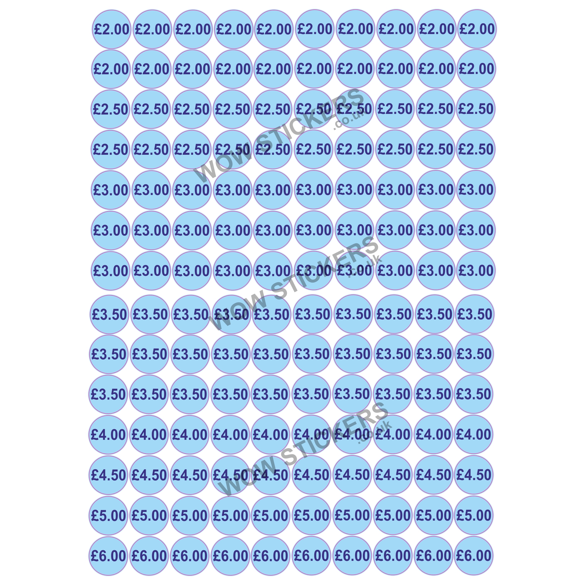 140 x £2.00 - £6.00 Mixed Price Tickets in Blue (20mm Diameter)