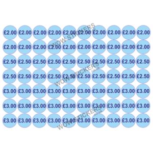 140 x £2.00 - £3.00 Mixed Price Tickets in Blue (20mm Diameter)
