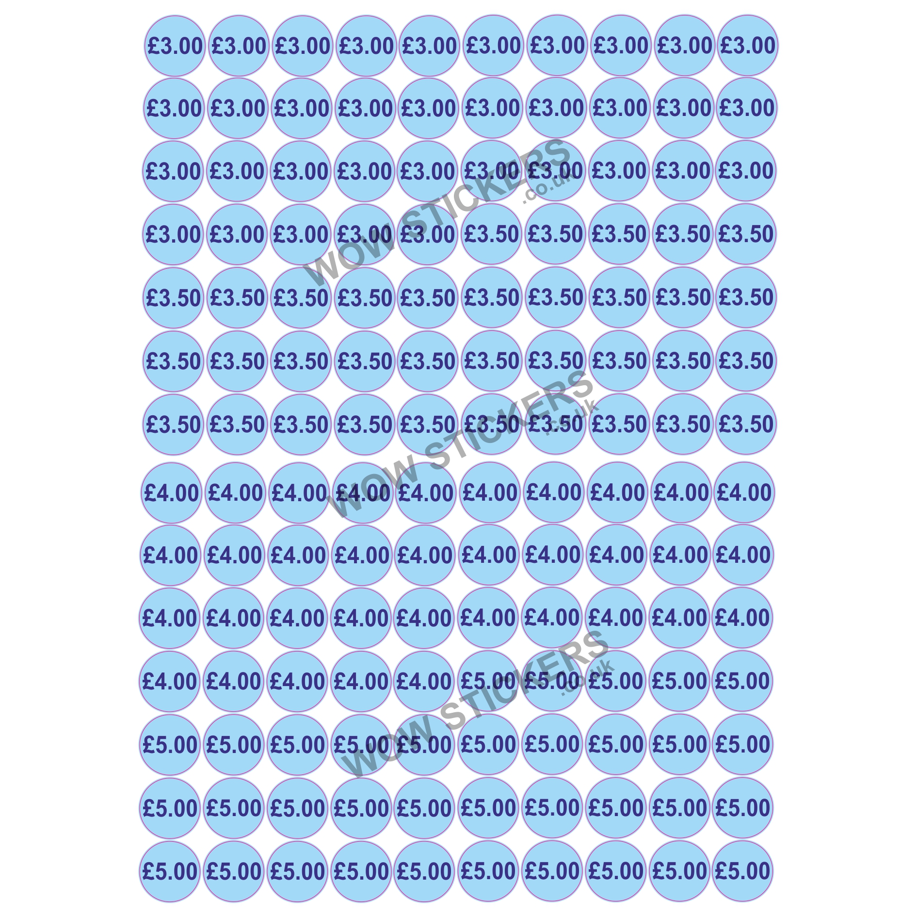 140 x £3.00 - £5.00 Price Tickets in Blue (20mm Diameter)