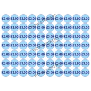 140 x £3.00 Price Tickets in Blue (20mm Diameter)