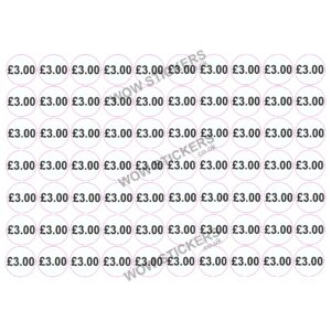 140 x £3.00 Price Tickets in White/Black (20mm Diameter)