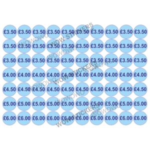140 x £3.50 - £6.00 Mixed Price Tickets in Blue (20mm Diameter)