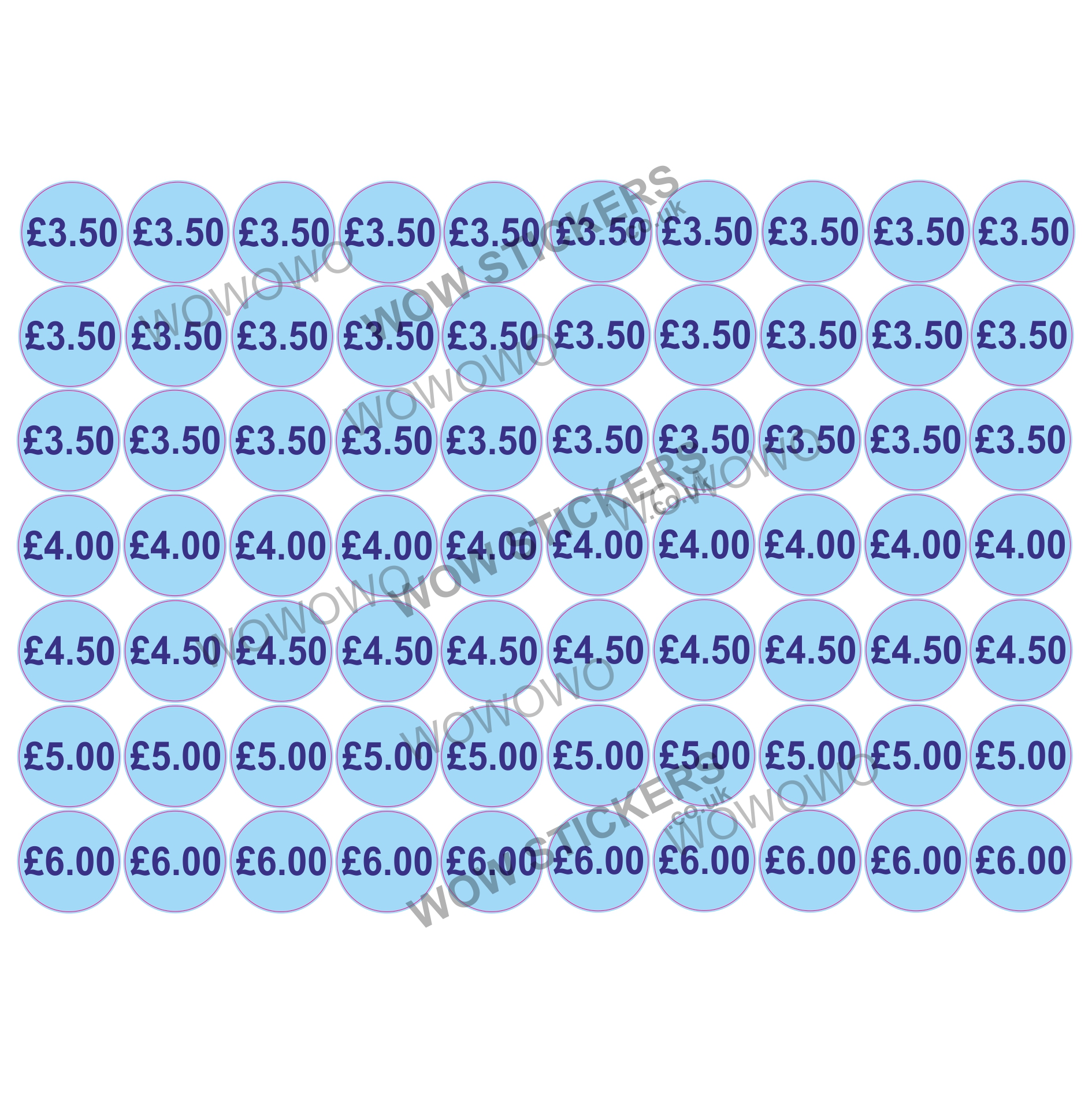 140 x £3.50 - £6.00 Mixed Price Tickets in Blue (20mm Diameter)