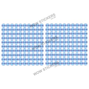 200 x £2.50 - £7.00 Mixed Price Tickets in Blue (20mm Diameter)